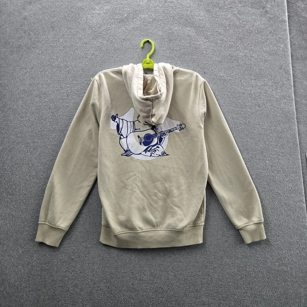 True Religion Men Hoodie M‎ Beige Embroidered Graphic Fleece Guitar Buddha